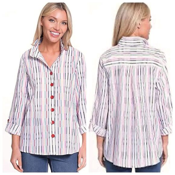 Ali Miles Tops - Ali Miles Button Front Tunic Shirt Sz 3X Rainbow Stripe 3/4 Sleeve Wire Collar
